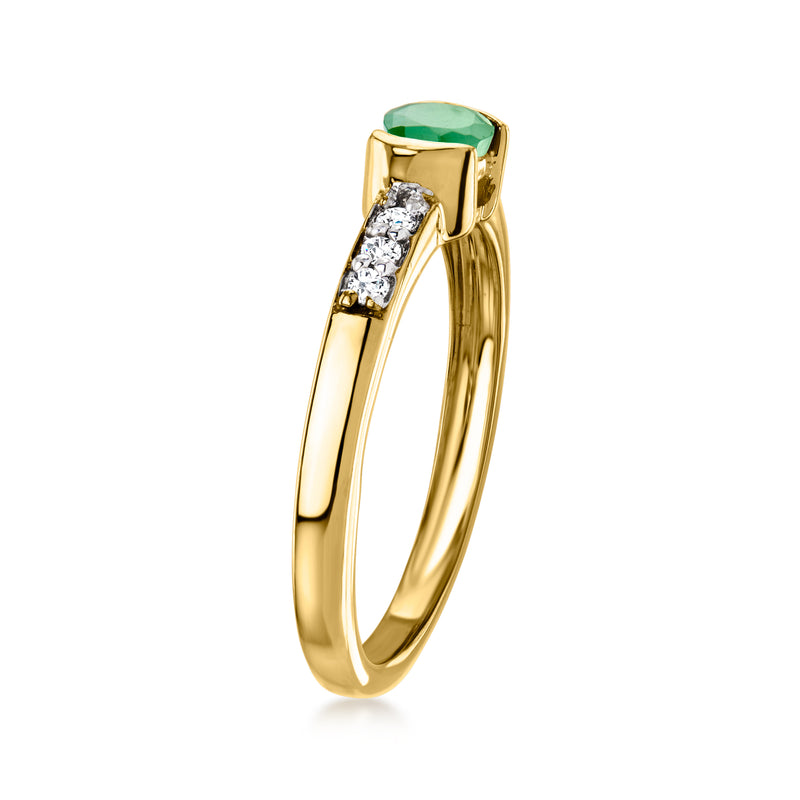 Gold over sterling ring with oval green gemstone and white zircon accents, side view