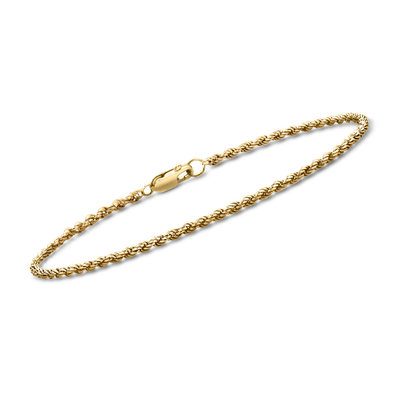 Rope-chain 14k yellow gold anklet with linked clasp and rounded ends.