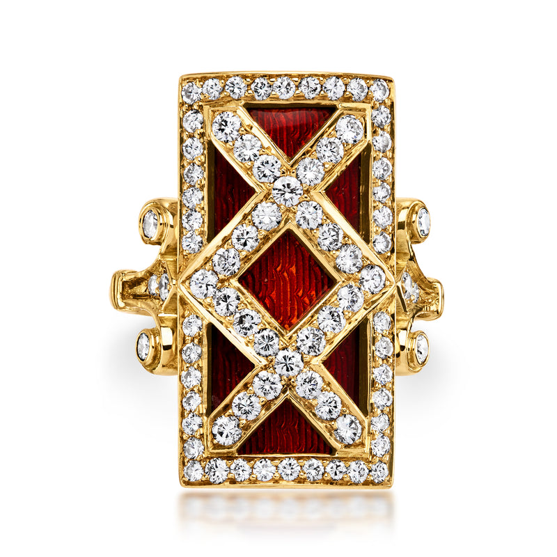 18kt yellow gold diamond ring with red enamel, rectangular frame with crisscross stones