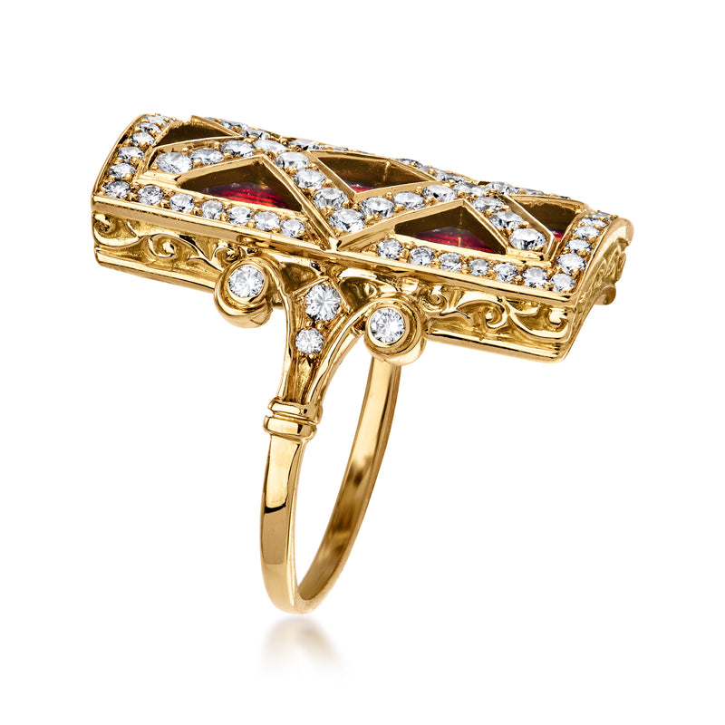Yellow gold diamond ring with red enamel rectangular top and prong-set stones