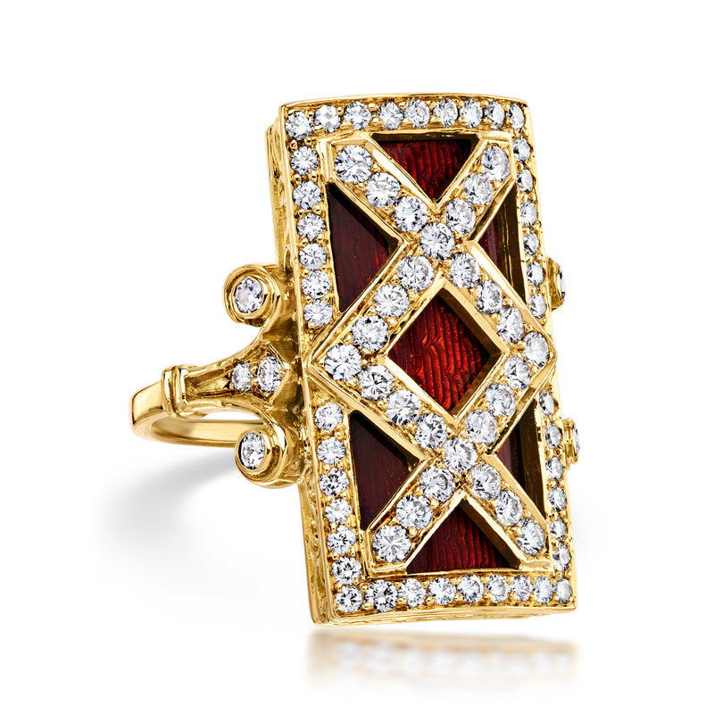Yellow gold diamond ring with red enamel, rectangular face with X-shaped center stones