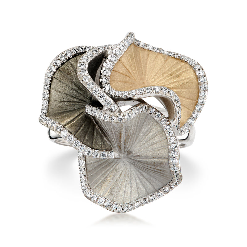 Cammilli Sultana diamond sculptural ring in white gold with tri-tone petal design