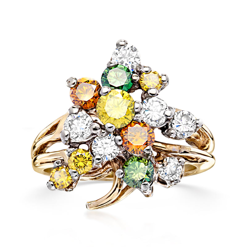 14kt yellow gold multicolored diamond cluster ring with round stones