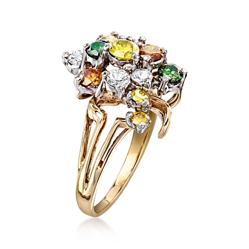 14kt yellow gold multicolored diamond cluster ring, round stones and open band