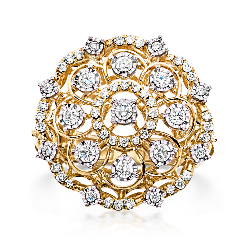 Yellow gold diamond flower ring with round stones in ornate circular halo setting