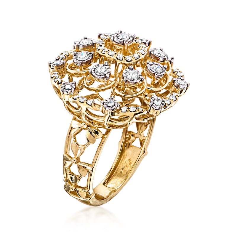 Yellow gold diamond flower ring side view with round stones in filigree-style setting