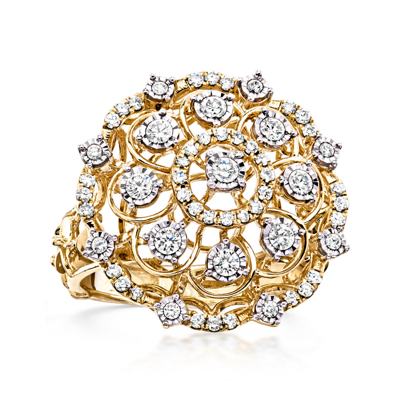 Yellow gold diamond flower ring top view with clustered round stones and halo border