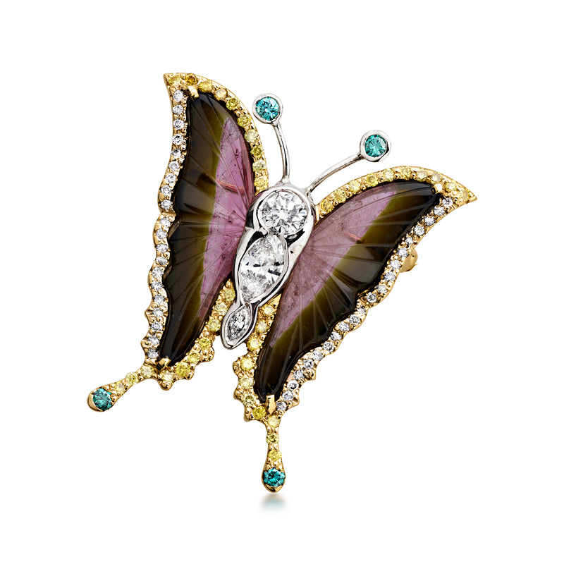 Two-tone gold butterfly pin with pink and dark tourmaline, blue-green accents, diamond border