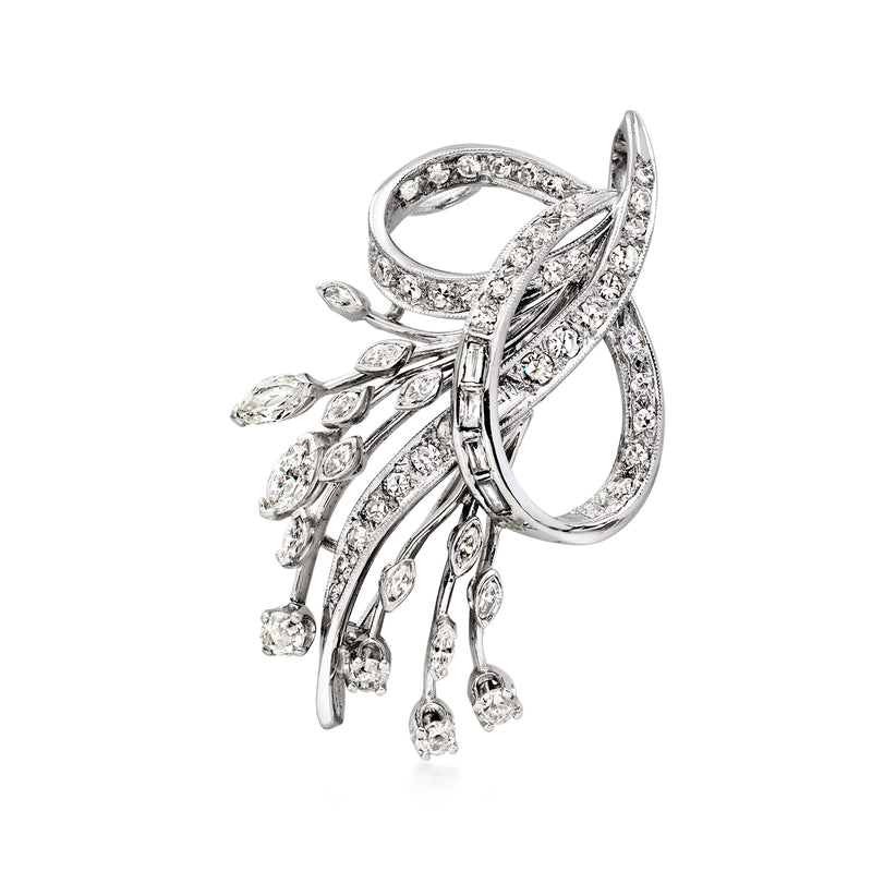 Diamond spray pin/pendant in 14kt white gold, bow motif with dangling stone clusters