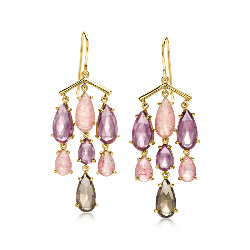 Gold-tone chandelier drop earrings with purple and pink teardrop stones, earwire hooks