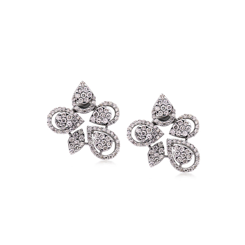 Diamond cluster stud earrings, floral four-petal design with round centers in white gold