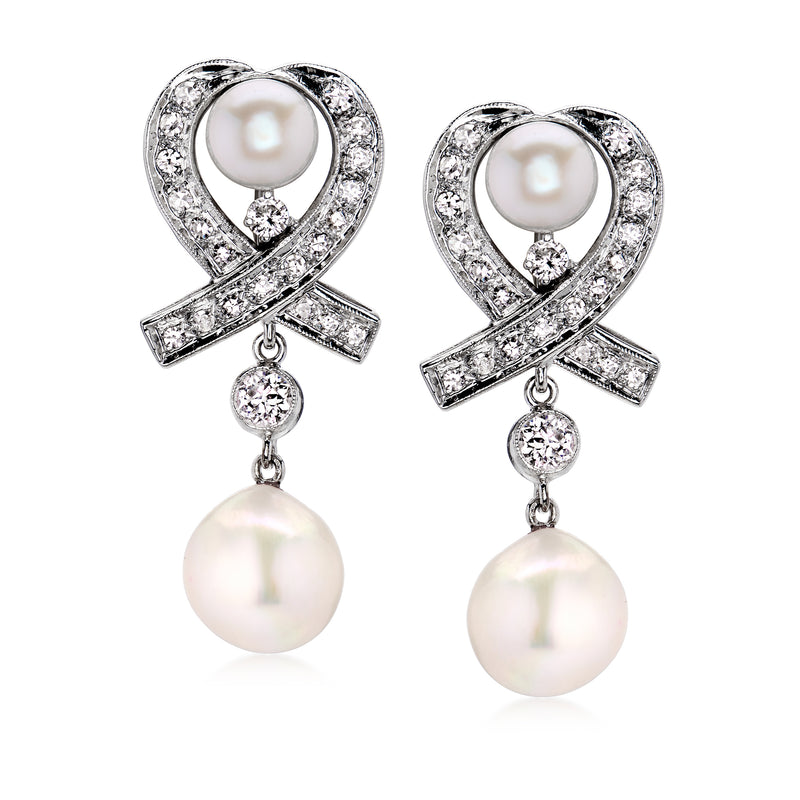 White gold heart drop earrings with cultured pearl top and large dangling pearl
