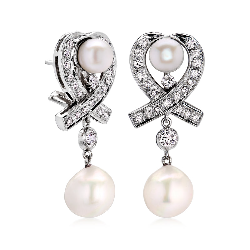 Pearl and diamond heart drop earrings in white gold with round pearl drops