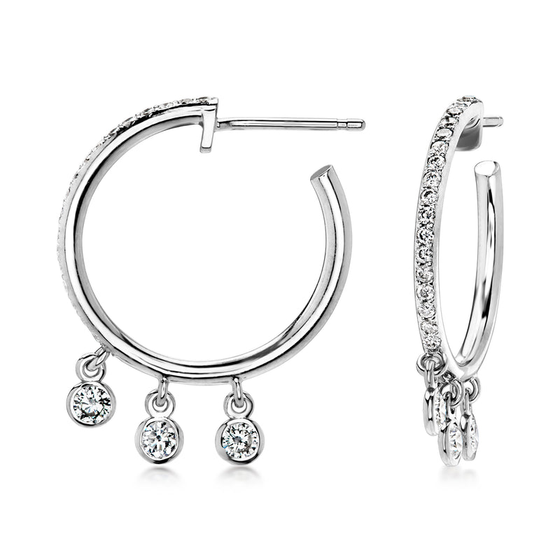 18kt white gold hoop drop earrings with diamond accents and dangling round stones
