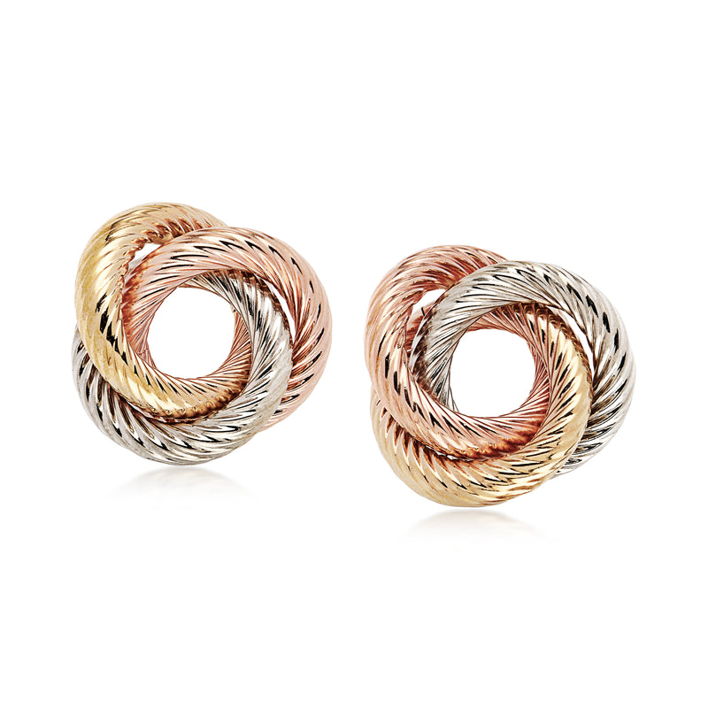 Tri-color 14kt knot hoop earrings with twisted gold rope design