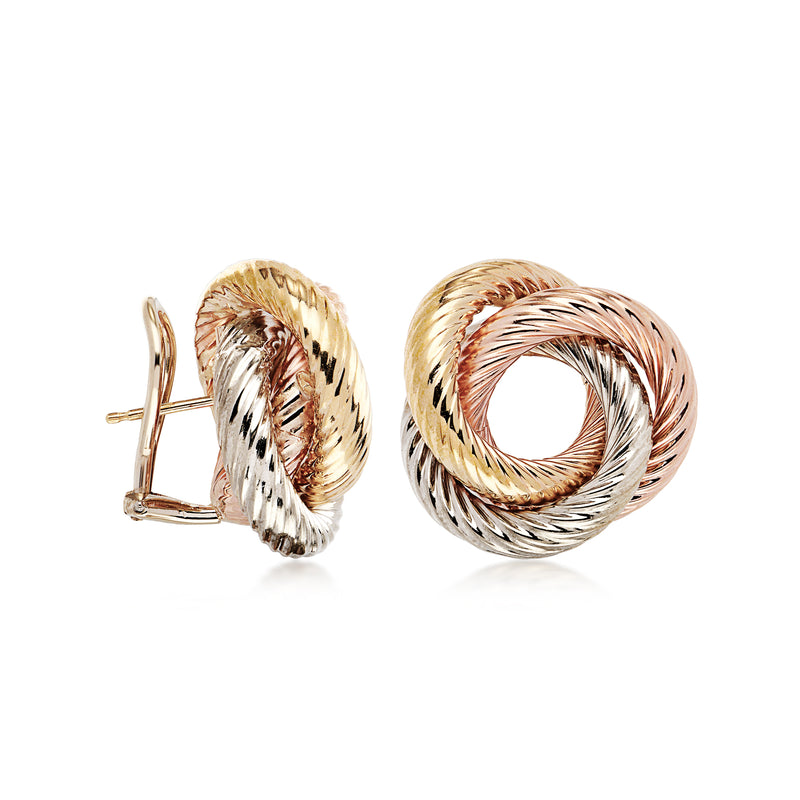 Tri-color knot hoop earrings with post back and twisted rope detailing
