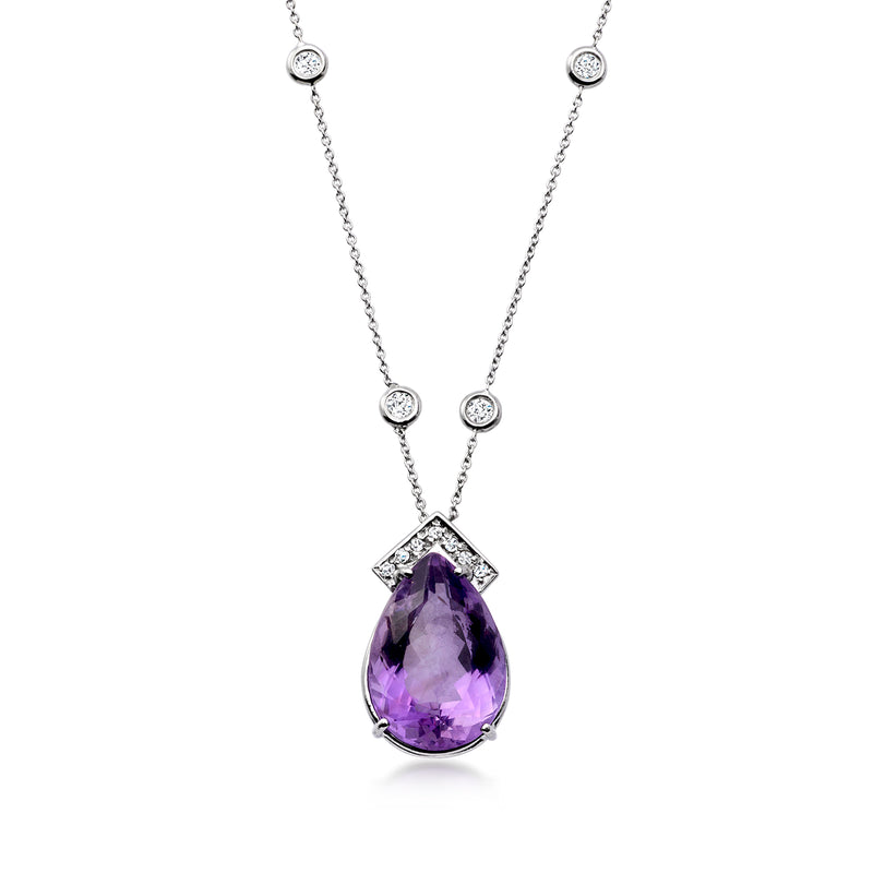 Amethyst teardrop pendant necklace in white gold with round diamond accents