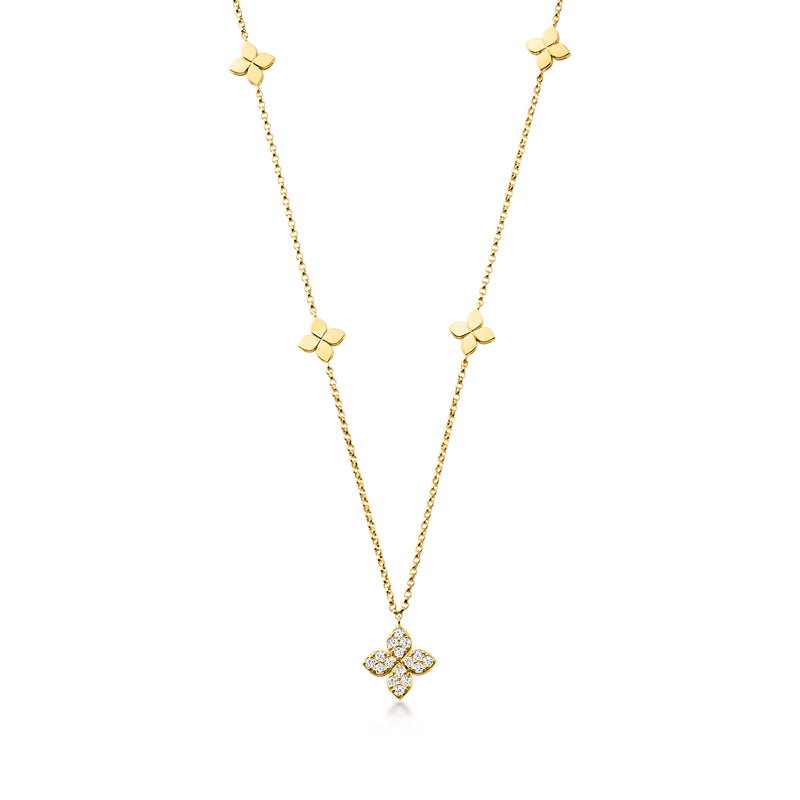 Roberto Coin yellow gold diamond flower necklace with five small clover motifs