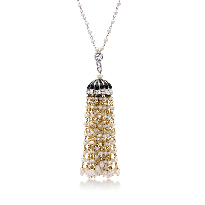 Pearl tassel pendant necklace with diamond accents and black enamel cap, 18k two-tone gold