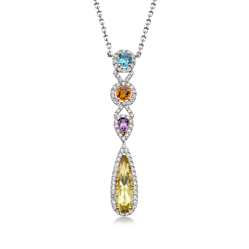 Multi-gem drop necklace in white gold with diamond accents and dangling marquise center