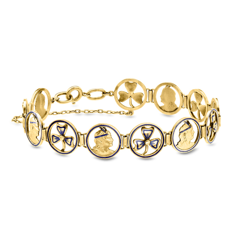 18kt yellow gold bracelet with blue enamel clover and portrait figure-link charms