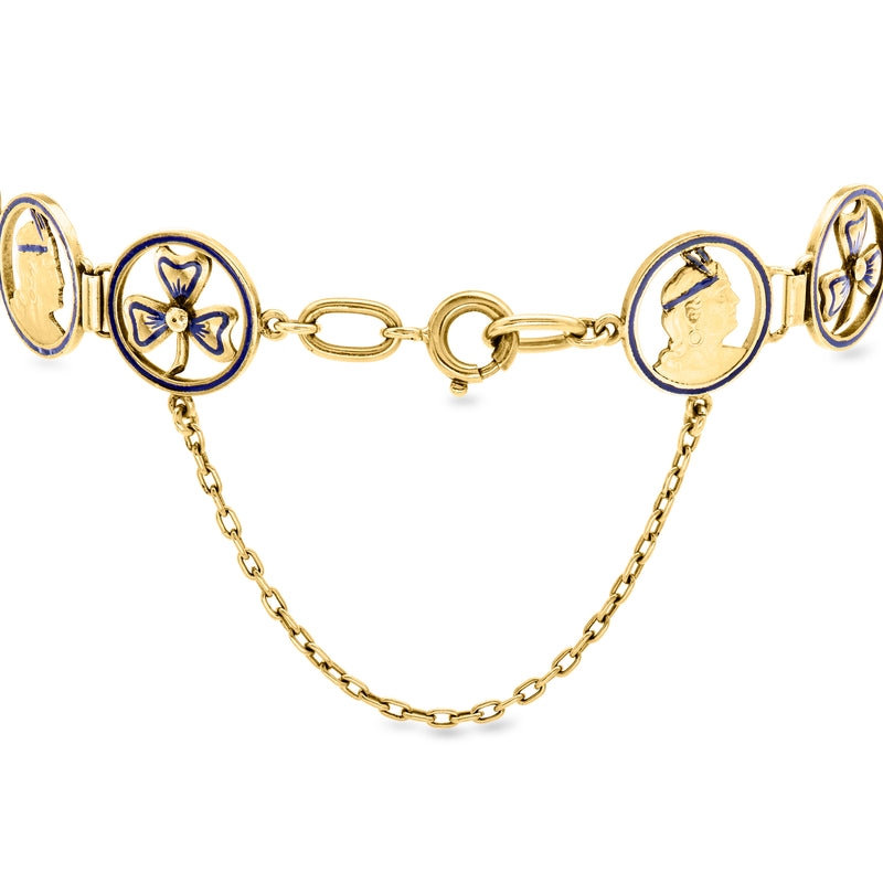 Yellow gold figure-link bracelet with blue enamel medallions and oval portrait discs