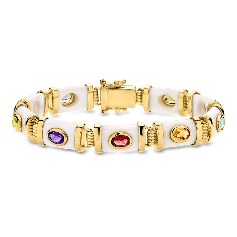 Gold over sterling multi-gem bracelet with white inlay and oval colored stones