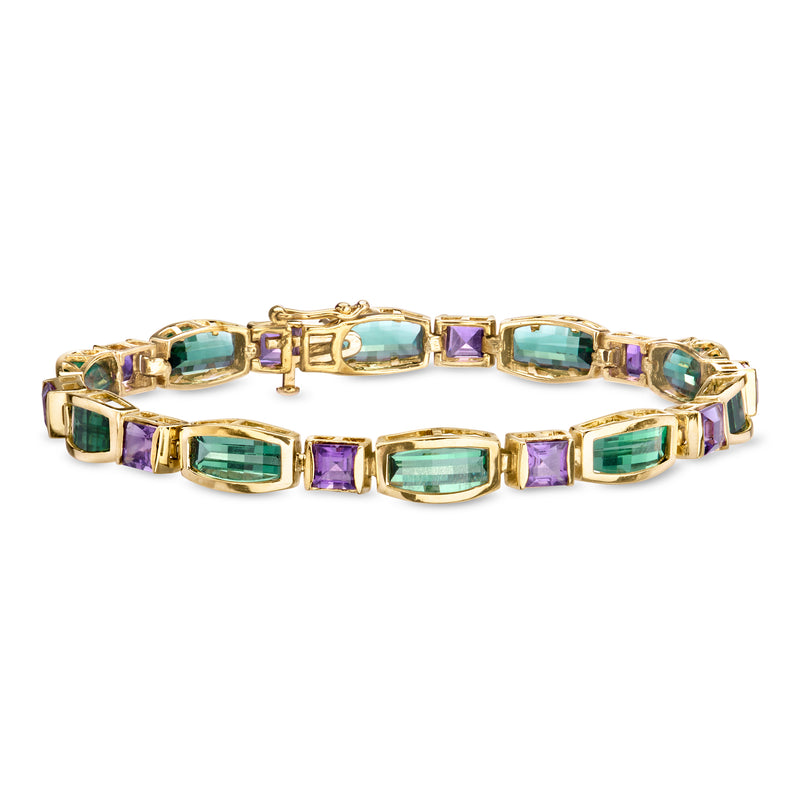 14kt yellow gold tennis bracelet with green quartz and amethyst square-cut stones