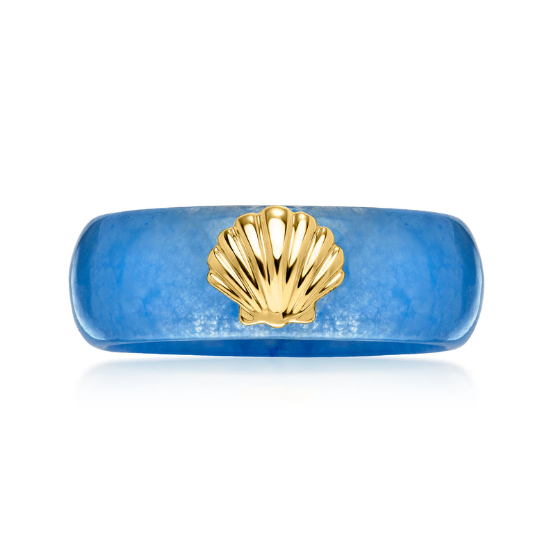 Blue jade seashell ring with gold-tone seashell centerpiece on glossy blue band