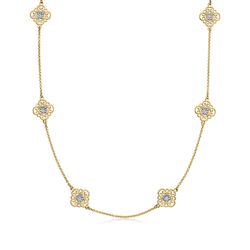 Two-tone gold diamond fancy station necklace with clover motifs, 17 in length