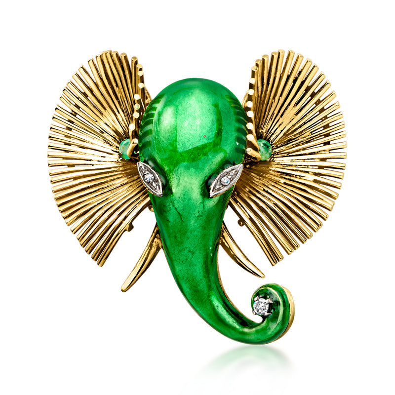 Vintage gold elephant enamel pin with emerald-green body and small diamond accents