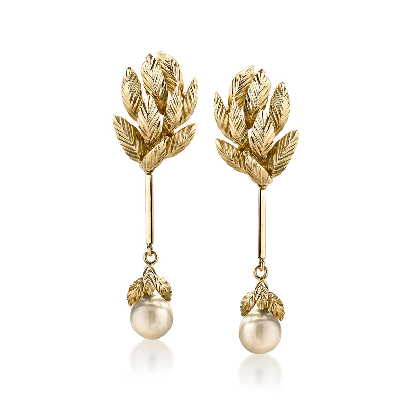 14k yellow gold leaf drop earrings with cultured pearl spheres, dangling from leaf tops