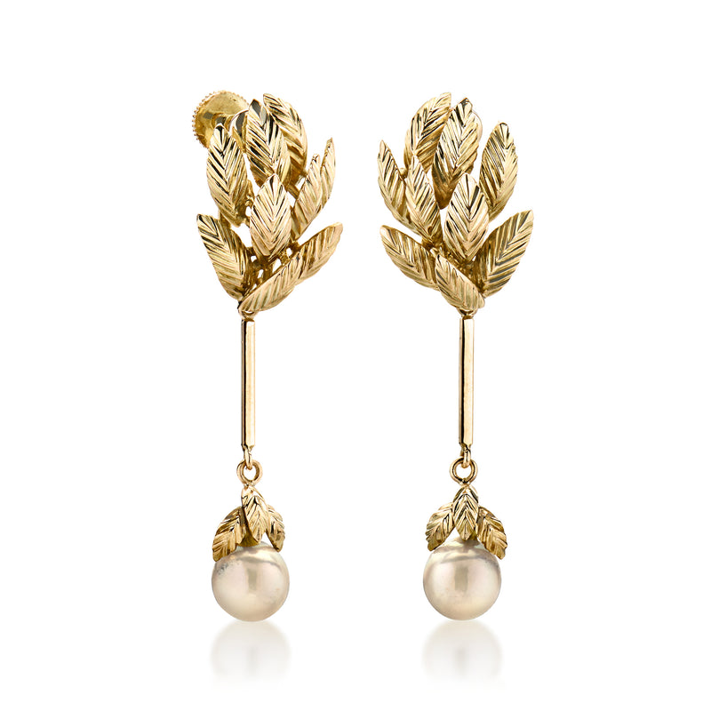 14k yellow gold leaf drop earrings with cultured pearl spheres, detailed openwork leaf design