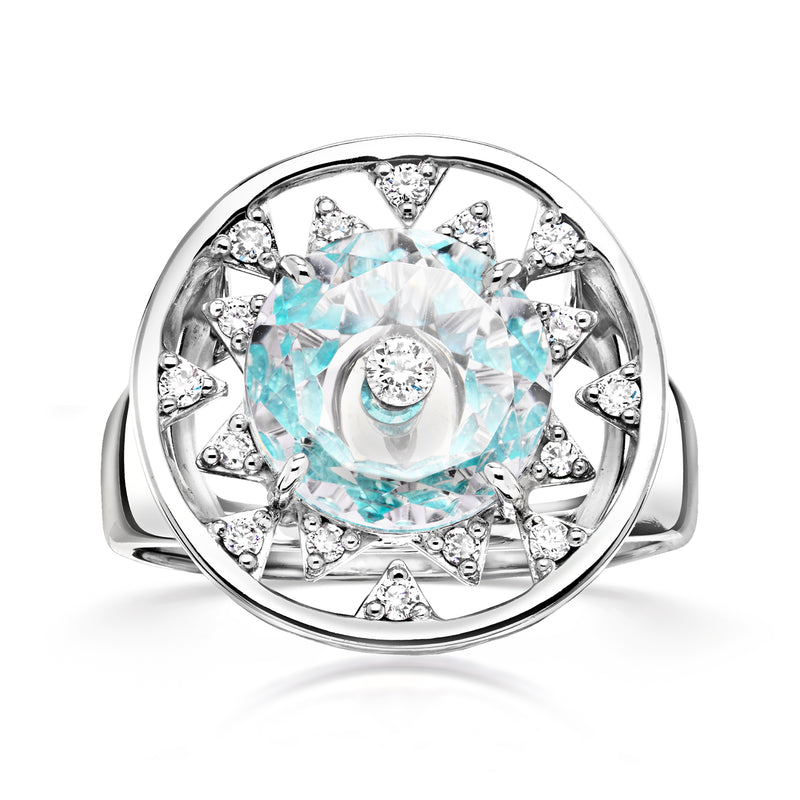 Vintage white gold ring with round simulated sky blue topaz and diamond halo