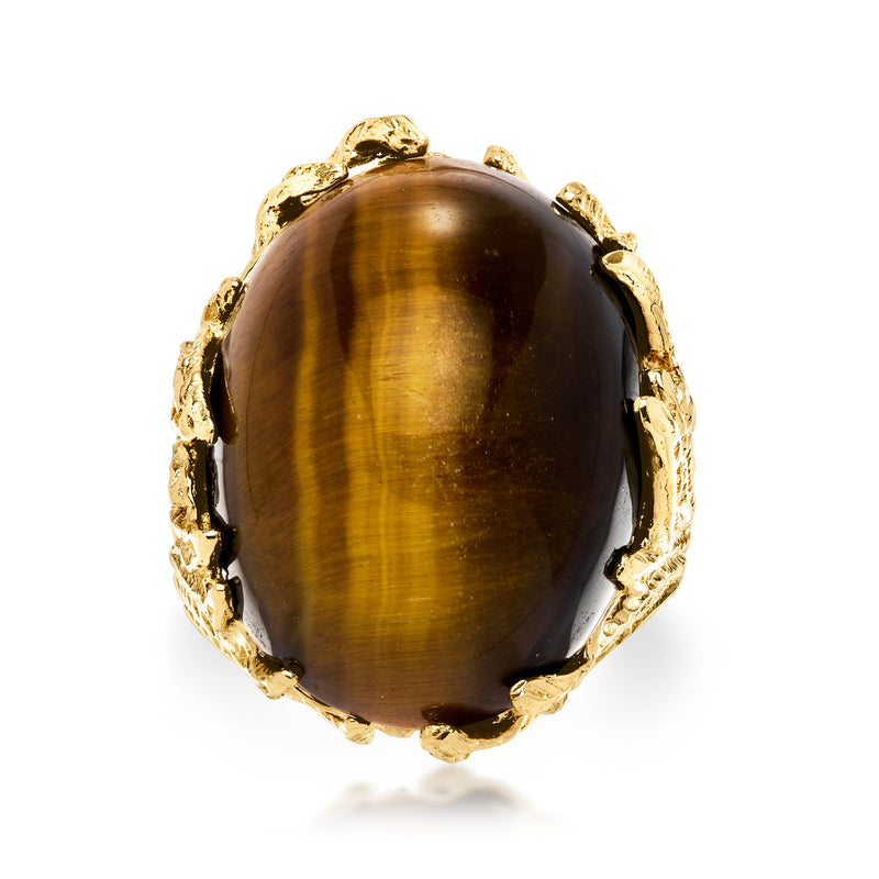 Oval tiger eye cabochon ring in 14kt yellow gold bezel with ornate border