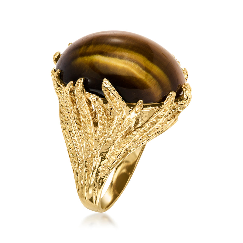 Tiger eye oval gemstone ring in 14kt yellow gold ornate shank