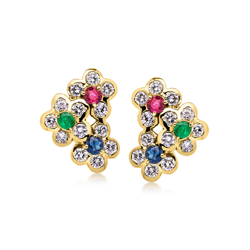 14kt yellow gold flower earrings with pink, green, blue gemstones and diamond accents