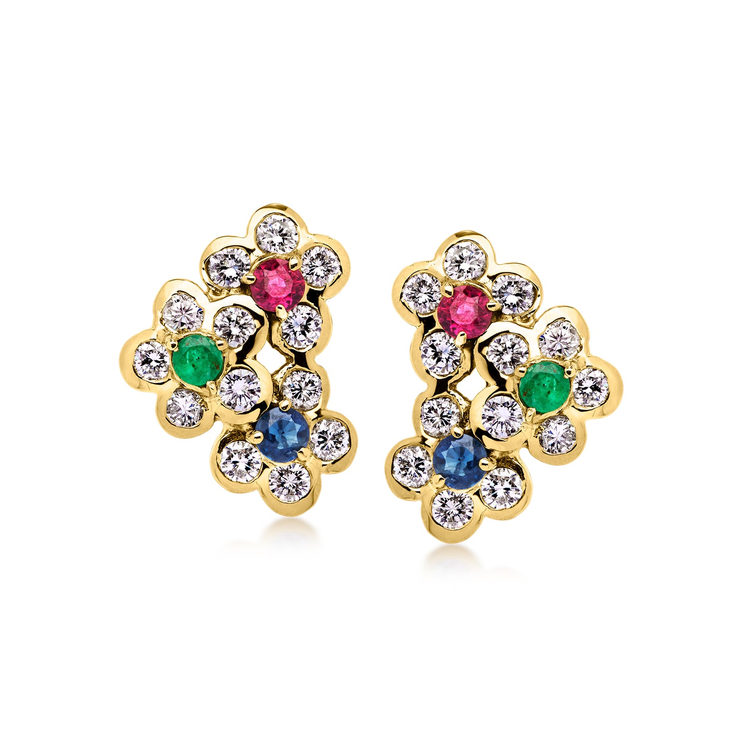C. 1980 Vintage 1.10 ct. t.w. Multi-Gemstone Flower Earrings with 1.40 ct. t.w. Diamonds in 14kt Yellow Gold