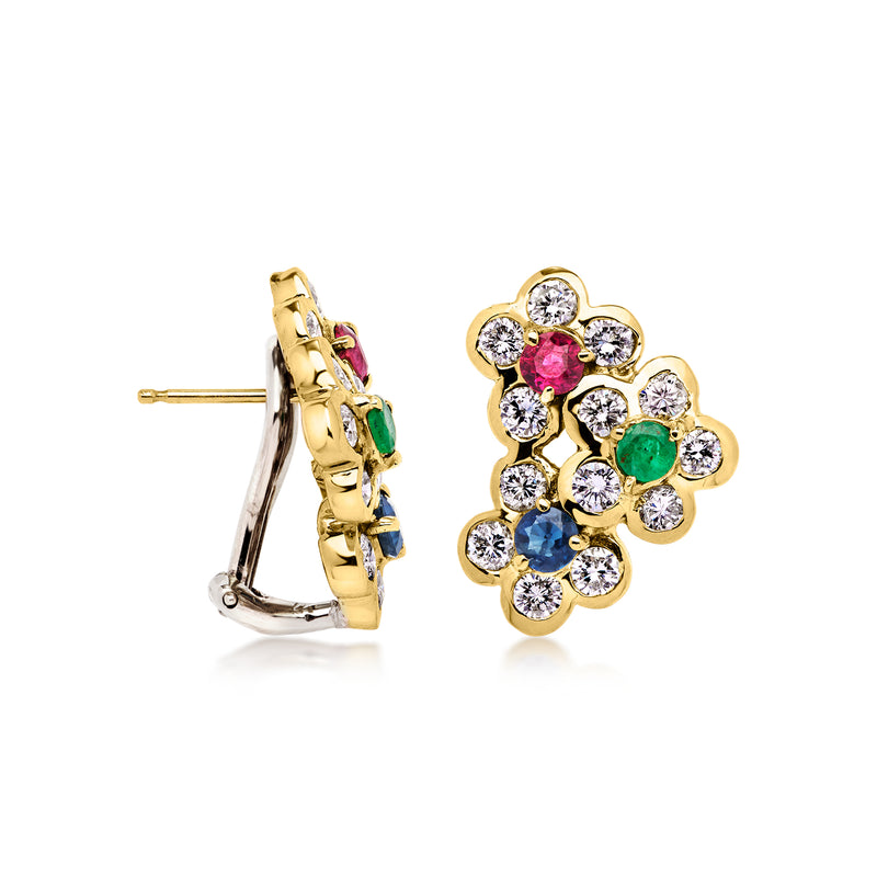 Side view 14kt yellow gold clip/post flower earrings with multi gemstones and diamonds