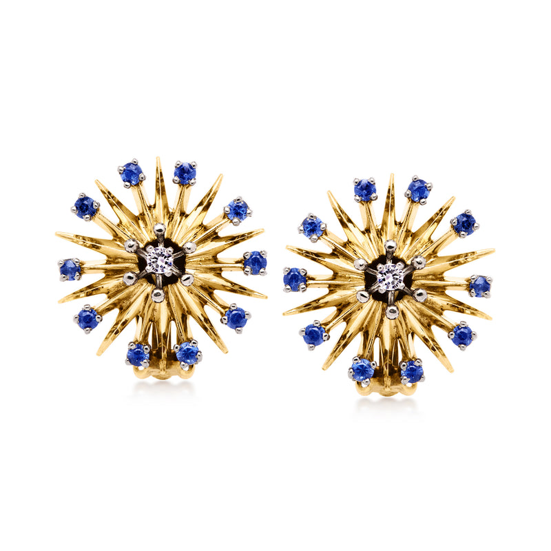 Starburst earrings in 14kt yellow gold with sapphire and diamond center studs