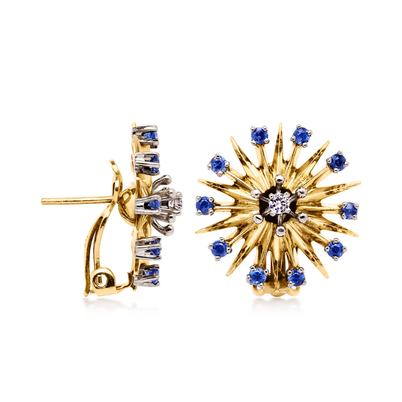 Starburst sapphire and diamond earrings with gold post and hinged clip