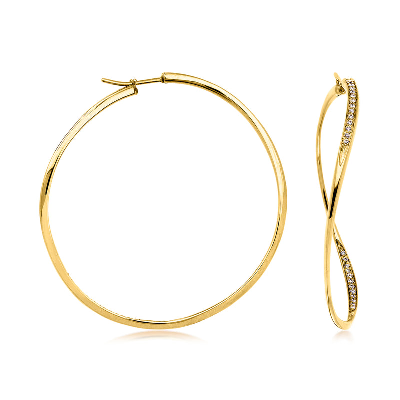 18kt yellow gold wavy hoop earrings with diamond pave accents, hinged clasp.
