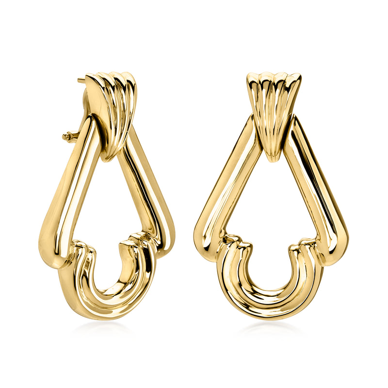 14kt yellow gold doorknocker hoop earrings, hinged openwork design