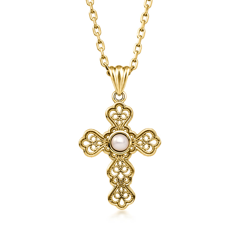 Gold-plated filigree cross necklace pendant with round cultured pearl and link chain