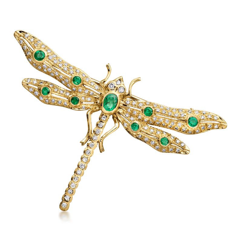 Dragonfly pin in 18kt yellow gold with green emerald stones and diamond accents