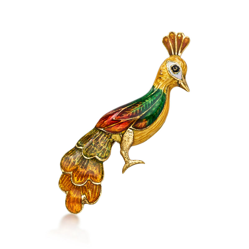 Gold-tone peacock enamel pin with multicolor details and gold-tone backing