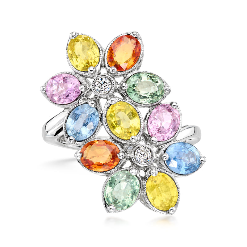 Multicolored sapphire flower ring with diamond accents in 18kt white gold