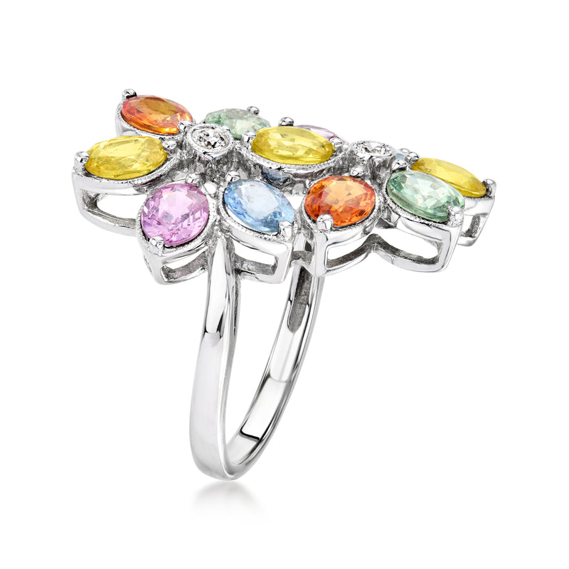 Multicolored sapphire flower ring with diamond accents in 18kt white gold, side view