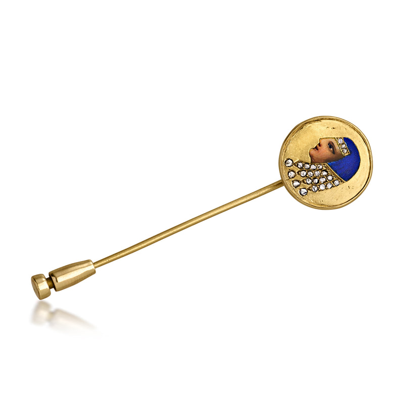 18kt yellow gold pharaoh stick pin with multicolor enamel and diamond accents