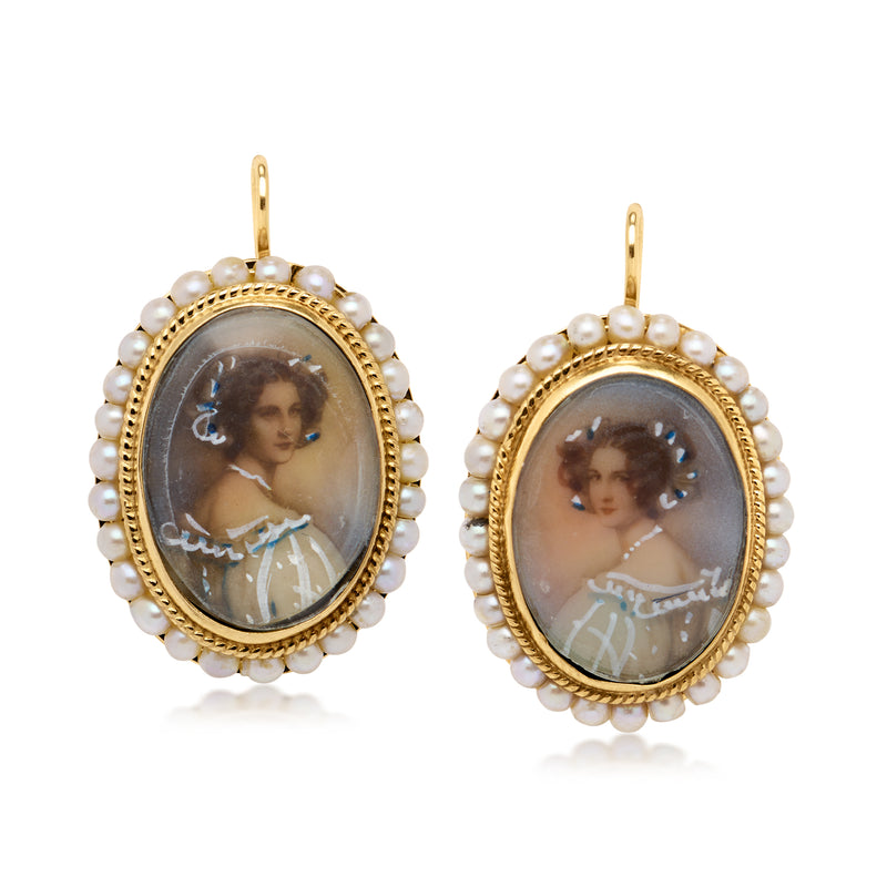 Oval portrait earrings, 14kt yellow gold bezel, pearl border, earwire